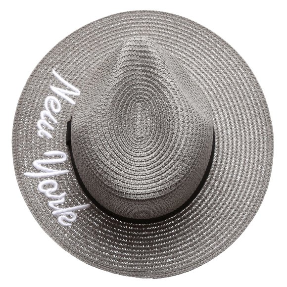 NewYork Embroidered Summer Straw Beach Hat -Gray - Picture 5 of 5
